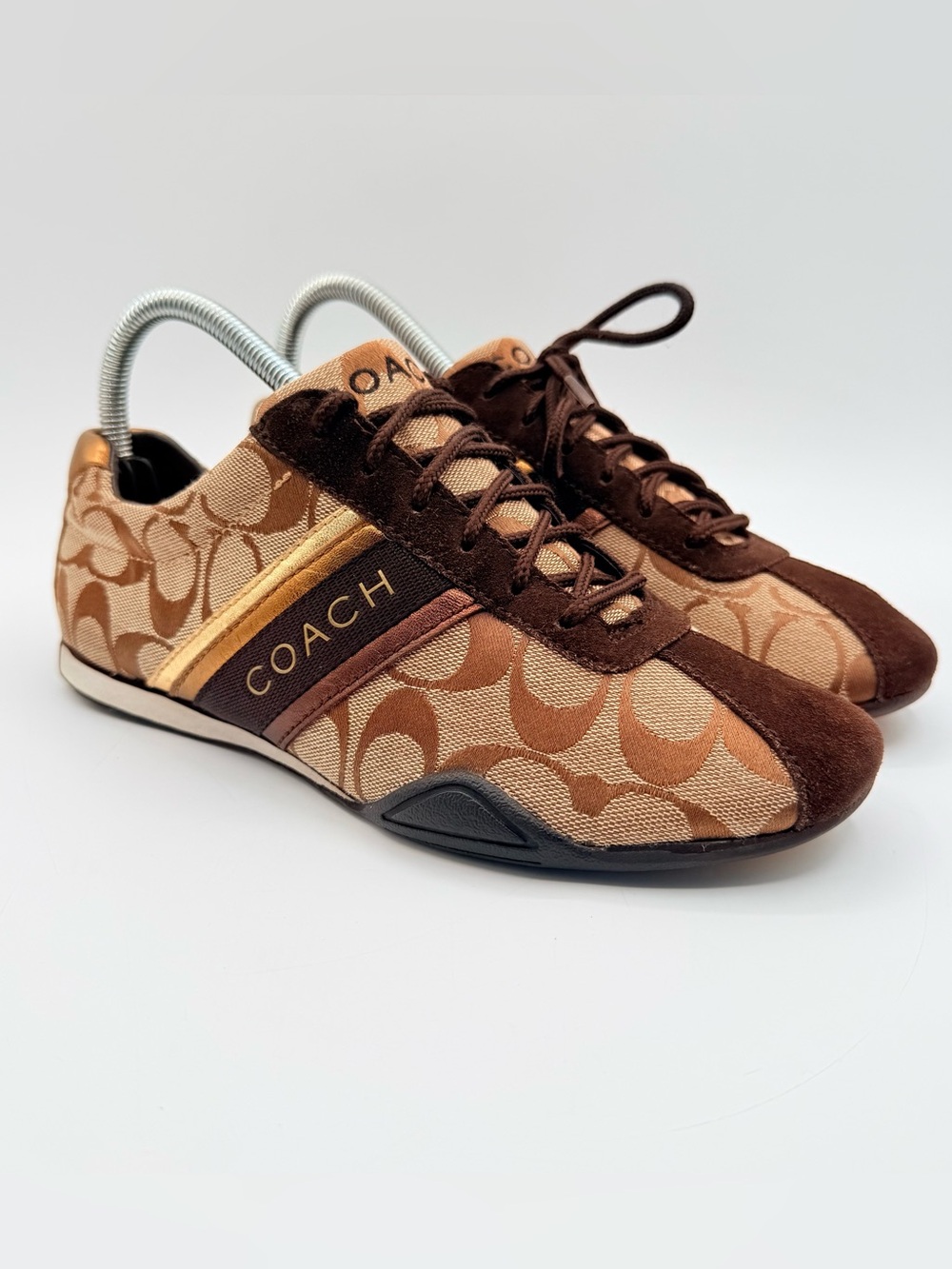 Coach Jayme Signature C Women’s 7M Brown Gold Canvas Suede Sneakers Shoes Q582